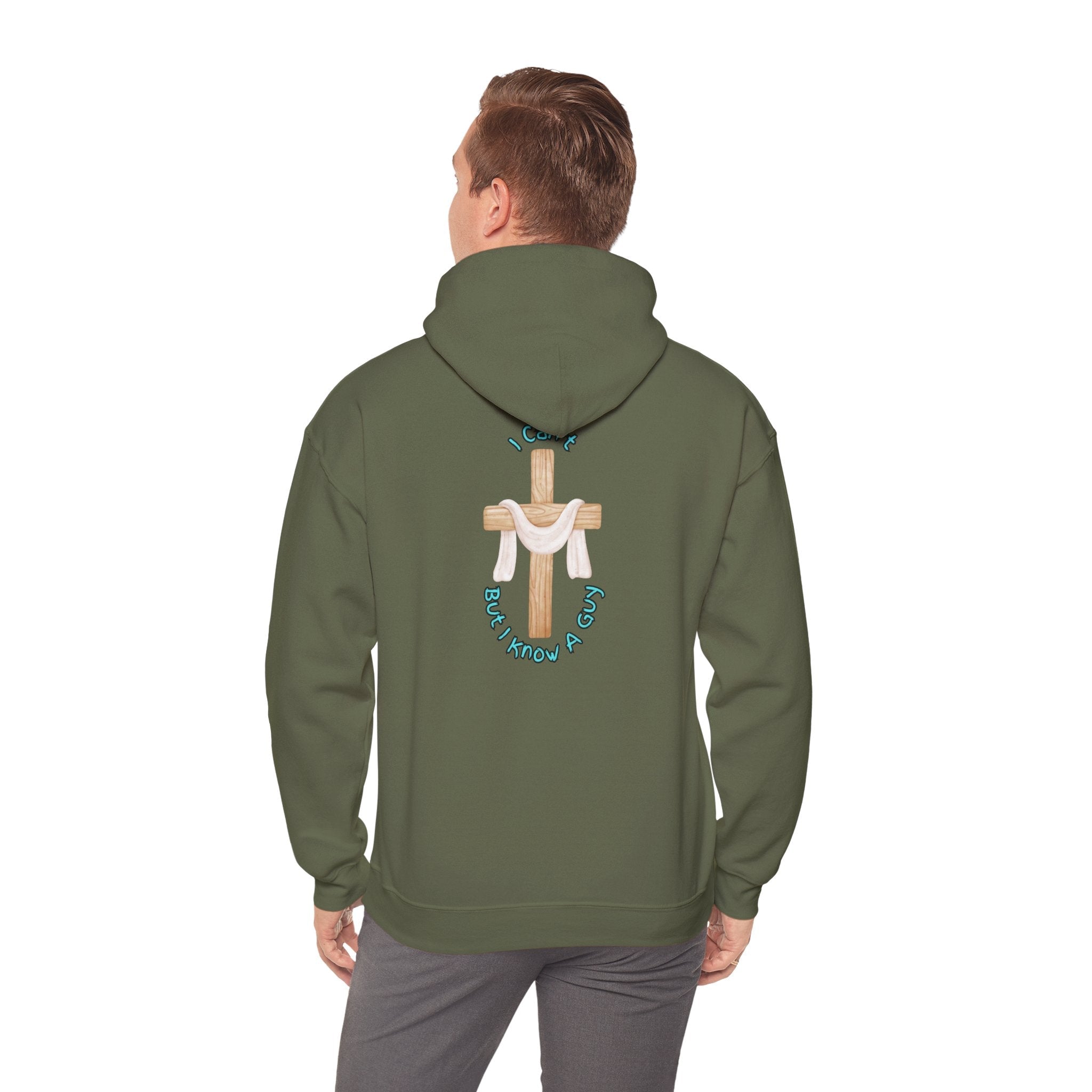 I Can’t, But I Know a Guy Hoodie – Jesus Cross Christian Hoodie for Cozy Faith Printify