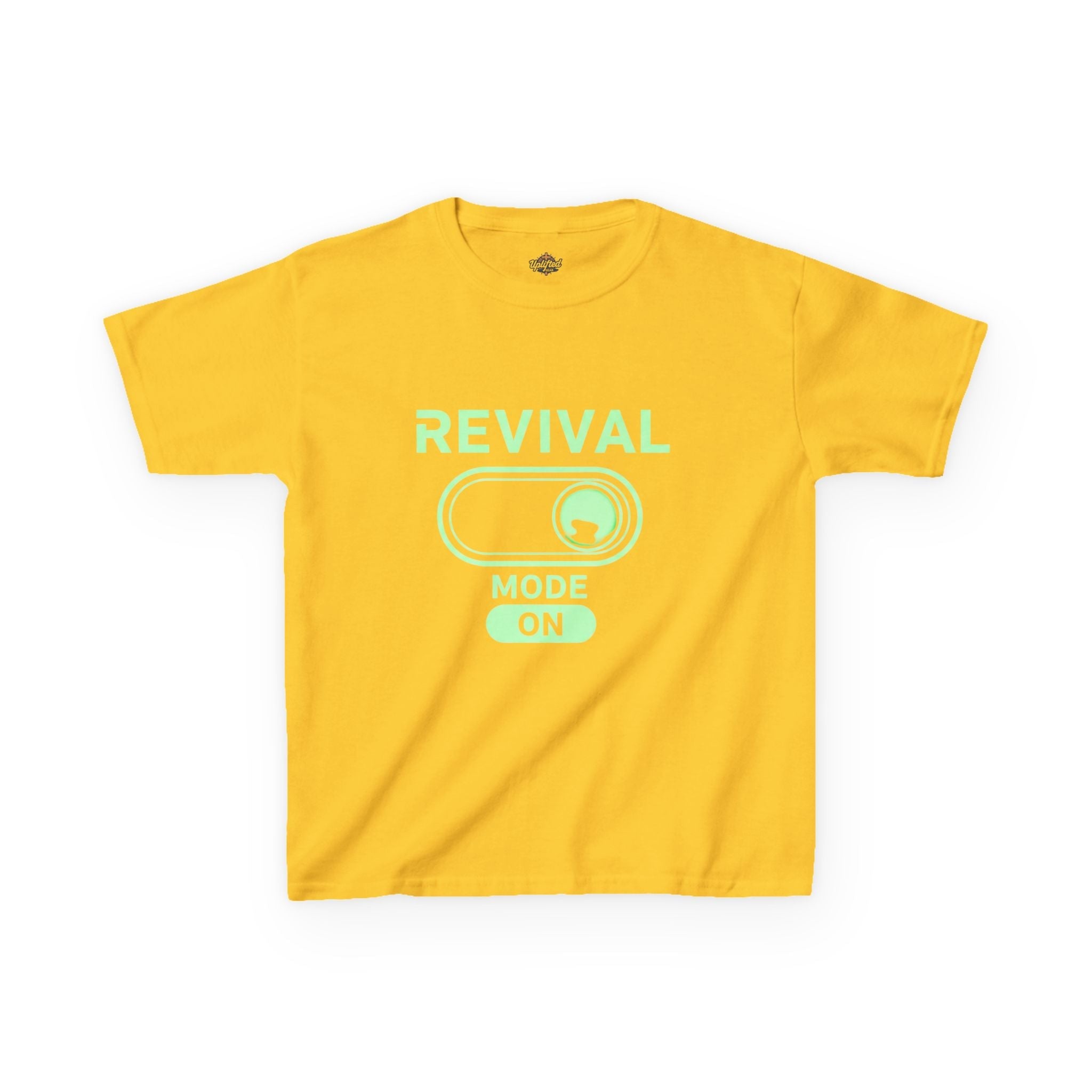 🔥 Revival Mode: ON – Christian Techwear Kids T-Shirt | Glowing Green Faith Switch | Futuristic Jesus Shirt | Activate Your Spiritual Awakening | Uplifted Gear Printify
