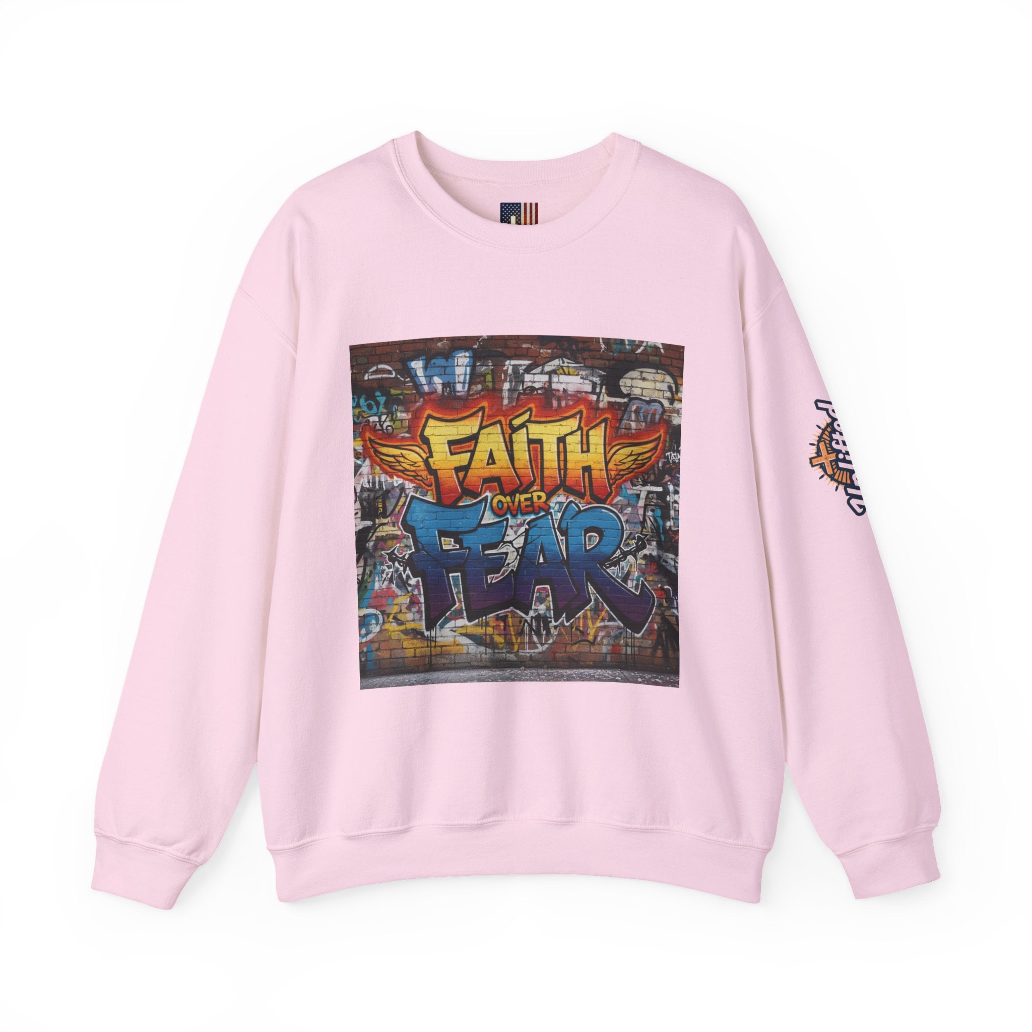 Faith Over Fear Sweatshirt – Graffiti Wall Christian Sweatshirt for Bold 2 Corinthians 5:7 Streetwear & Unshakable Faith Printify