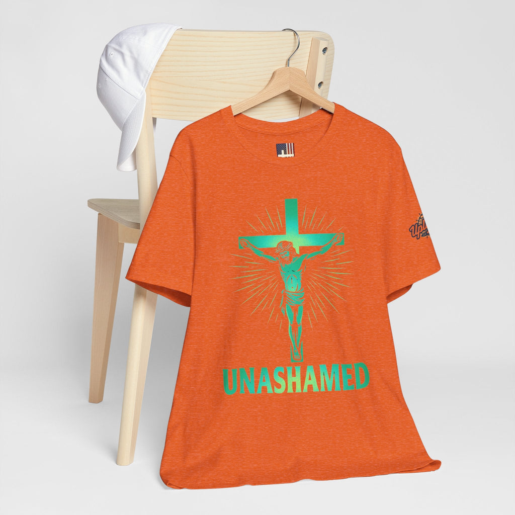 Unashamed T-shirt – Romans 1:16 Crucifixion Christian t-shirt for Bold Unwavering Faith Printify