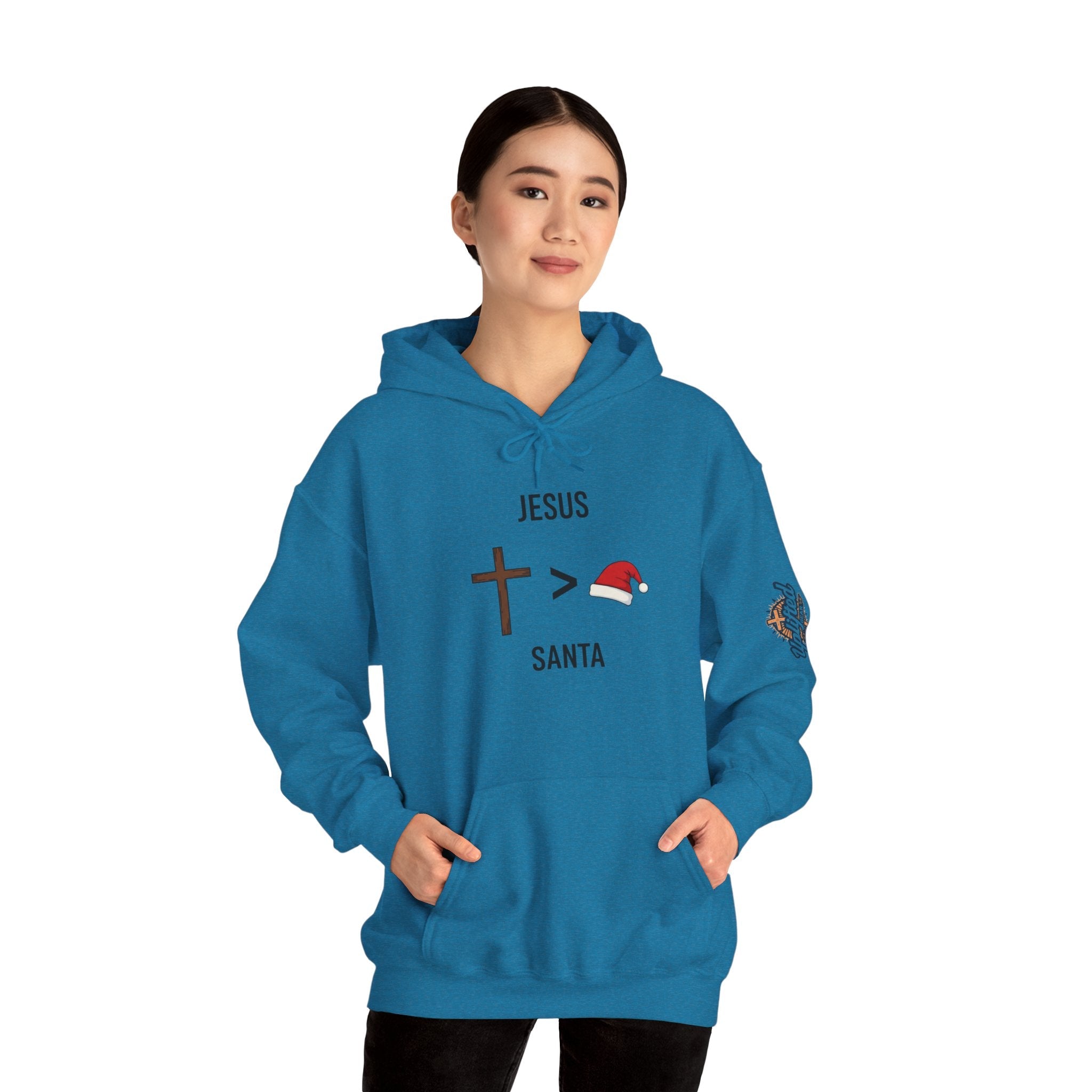 🎄 Jesus > Santa – Minimalist Christian Christmas Hoodie | Bold Faith Over Holiday Tee | Cross vs Santa Hat Design | Uplifted Gear Printify