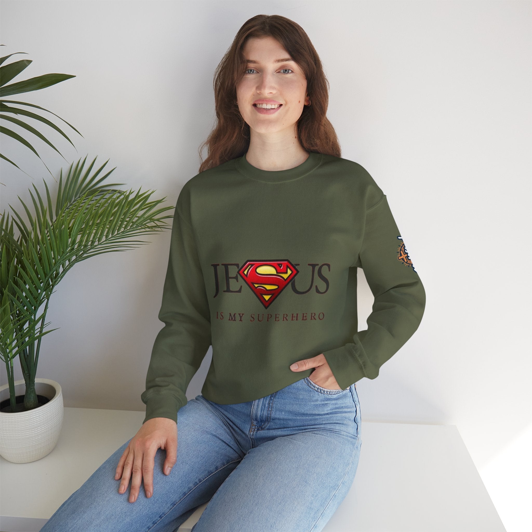 Jesus Is My Superhero Crewneck Sweatshirt Printify