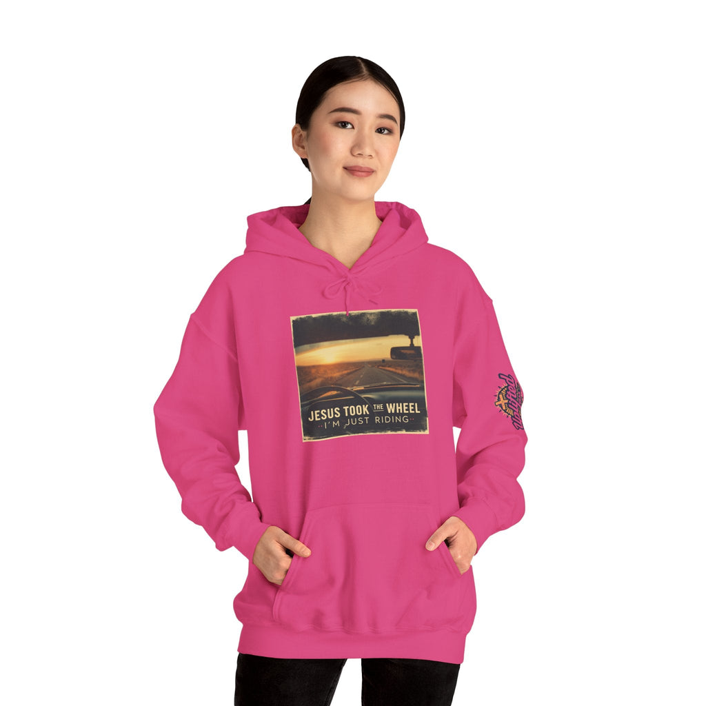 Jesus Took the Wheel I'm Just Riding Hoodie – Funny Christian Convertible Car Sweatshirt for Surrendered Faith & Humor Printify
