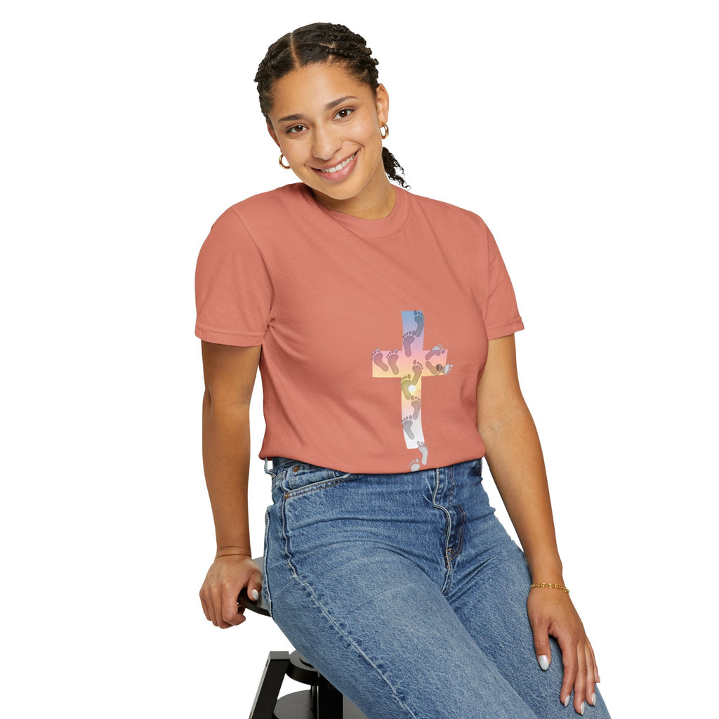 Walk by Faith T-Shirt – Cross & Footprints Christian Tee for Bold Believers Printify