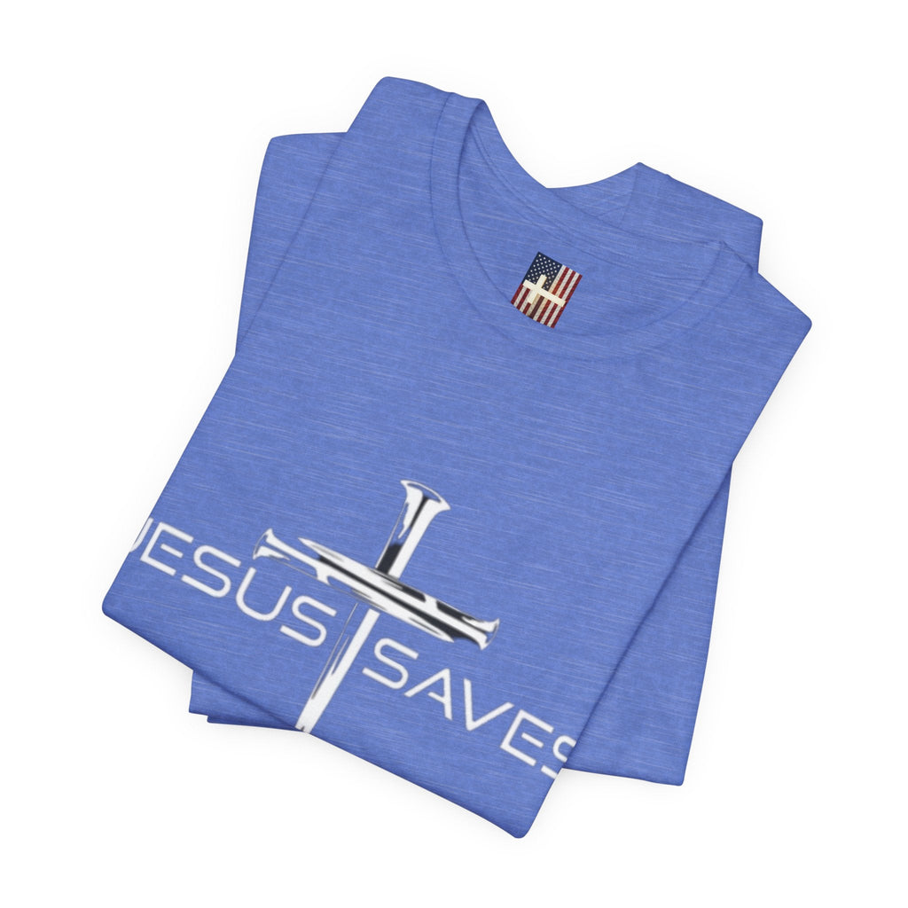 Jesus Saves T-shirt – 3 Nails Crucifix Cross Christian T-shirt for Redemption Faith & Bold Salvation Printify
