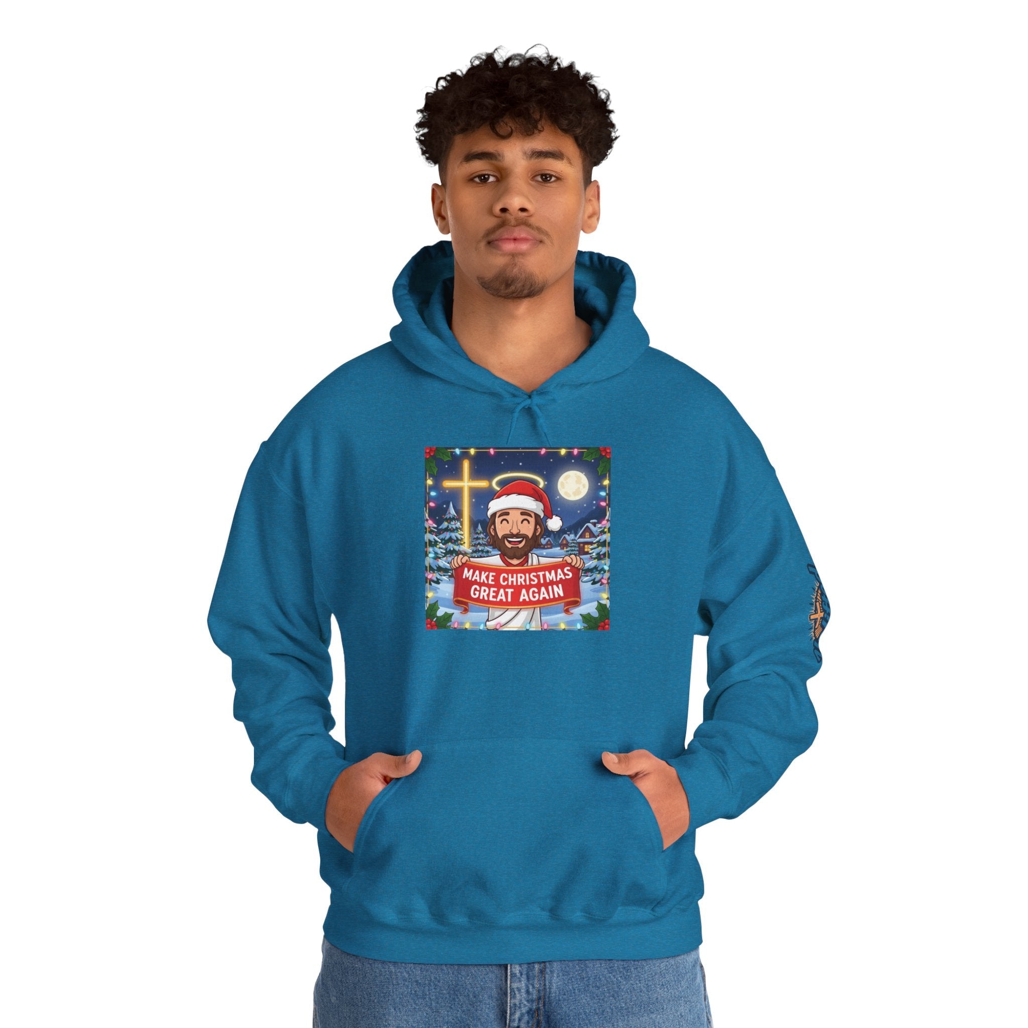 🎄 Make Christmas Great Again – Funny Christian Hoodie | Jesus Holding Banner | Faith-Based Holiday Parody Tee | Uplifted Gear Printify