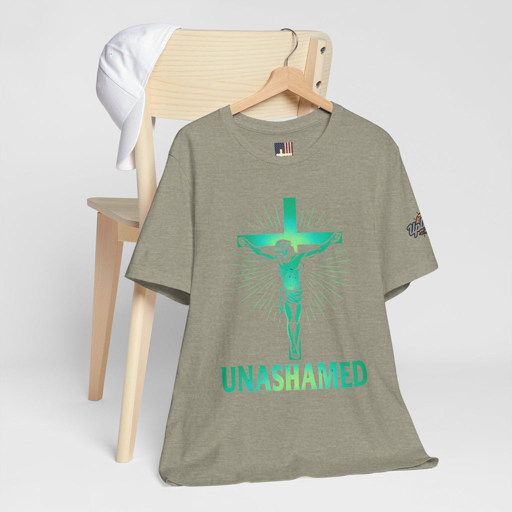 Unashamed T-shirt – Romans 1:16 Crucifixion Christian t-shirt for Bold Unwavering Faith Printify