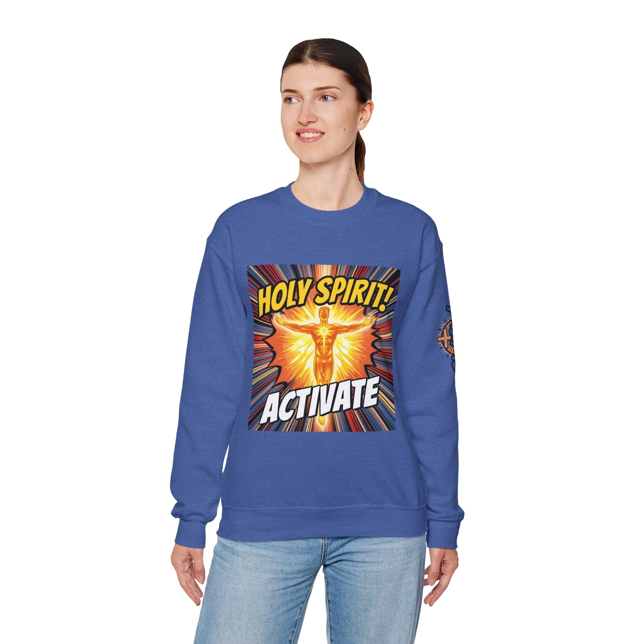 Holy Spirit Activate Sweatshirt – Superhero Christian Sweatshirt with Vibrant Power-Up Design for Faith-Fueled Boldness Printify