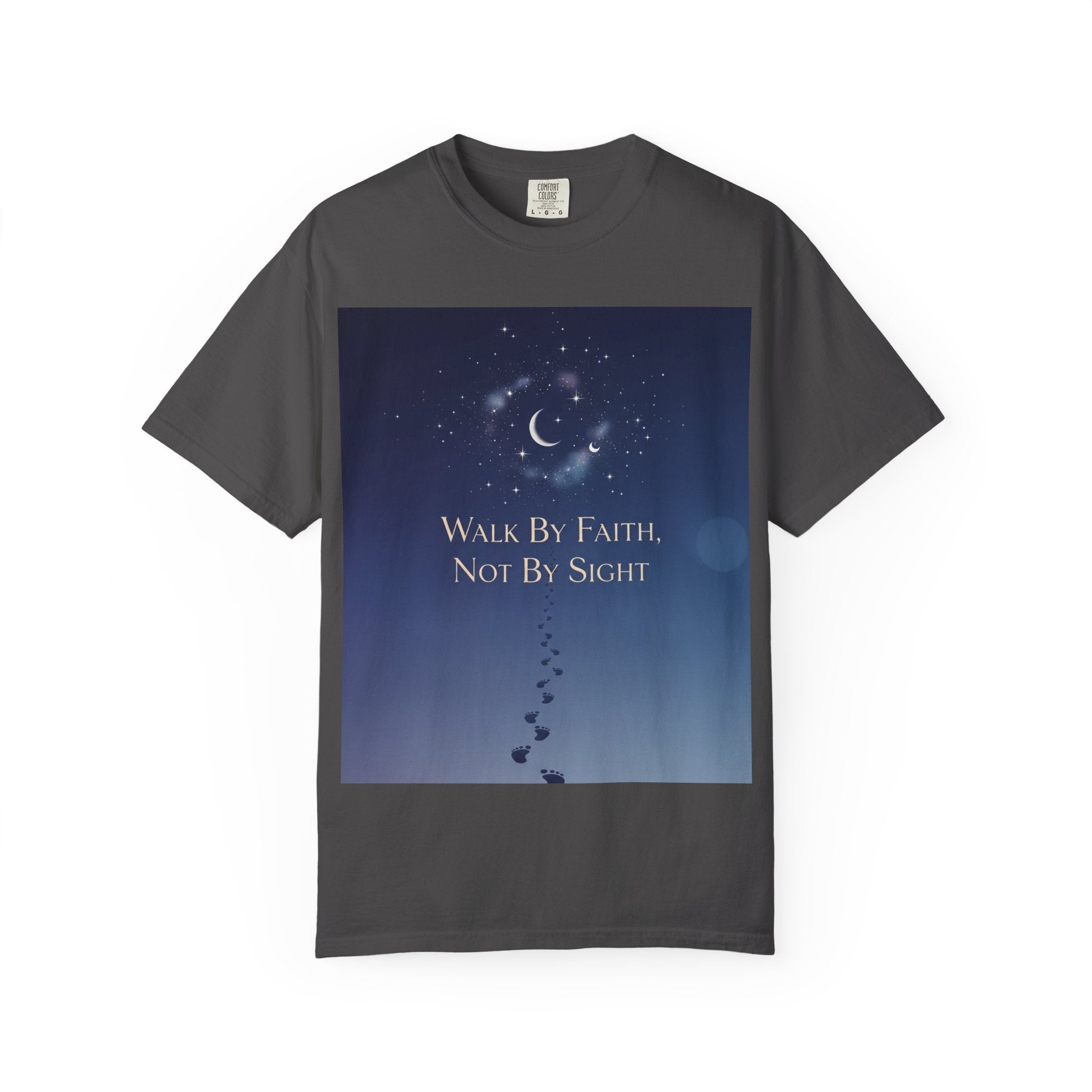 Walk by Faith, Not by Sight T-Shirt – Footprints in the Sand Christian Moonlit Tee Printify