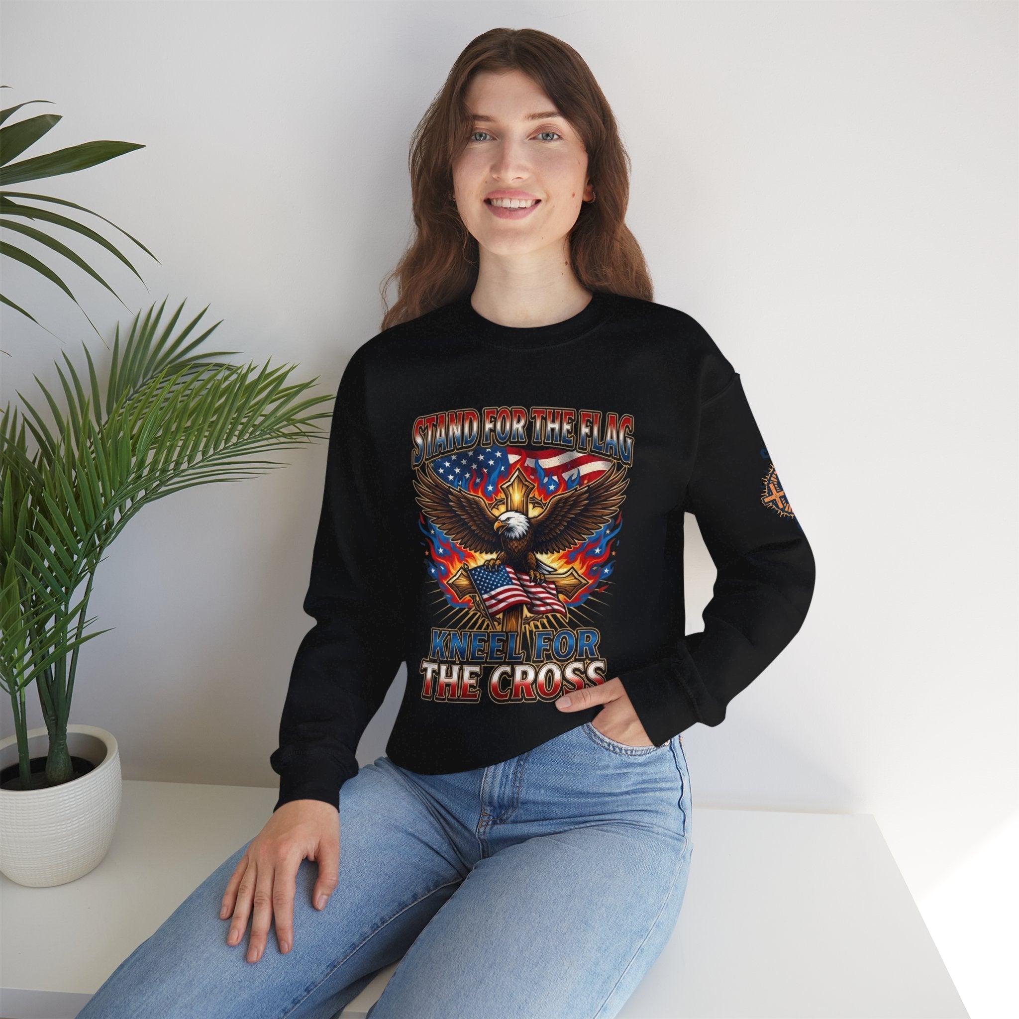 Stand for the Flag Kneel for the Cross Sweatshirt | Patriotic Eagle Sweatshirt Printify