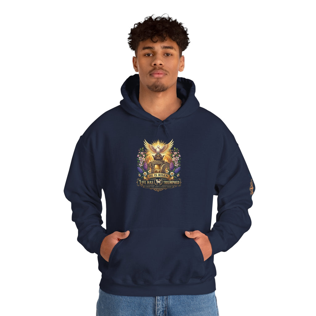 He Is Risen "Life Has Triumphed" Hoodie — Easter Resurrection Christian Hoodie Printify