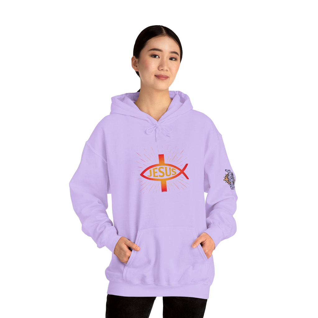 Jesus Ichthys Hoodie – Christian Fish Symbol with Cross & Jesus Inscription Sweatshirt for Eternal Faith & Streetwear Printify