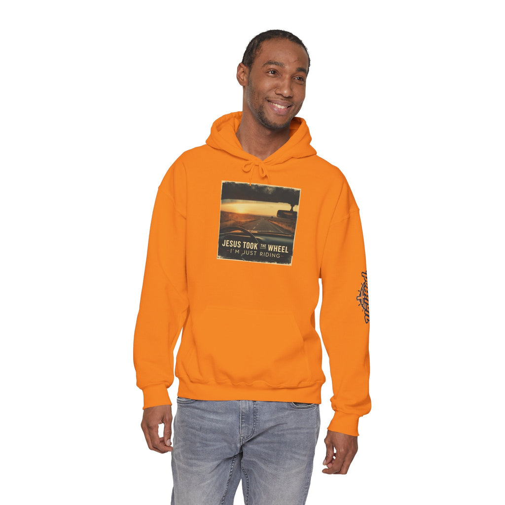 Jesus Took the Wheel I'm Just Riding Hoodie – Funny Christian Convertible Car Sweatshirt for Surrendered Faith & Humor Printify