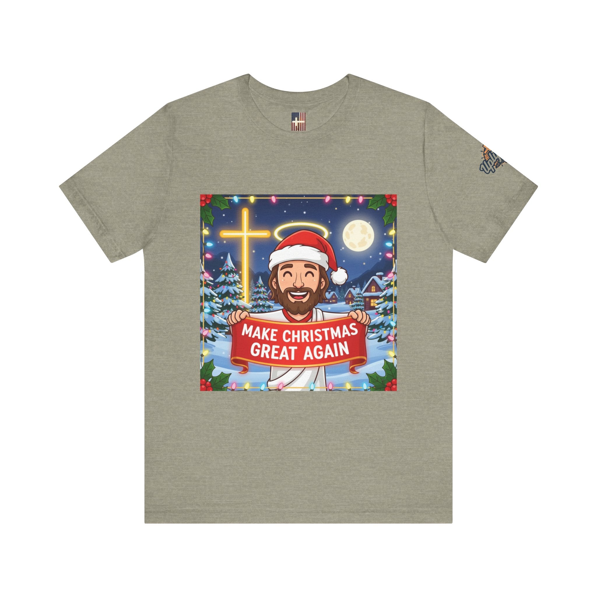 🎄 Make Christmas Great Again – Funny Christian T-Shirt | Jesus Holding Banner | Faith-Based Holiday Parody Tee | Uplifted Gear Printify