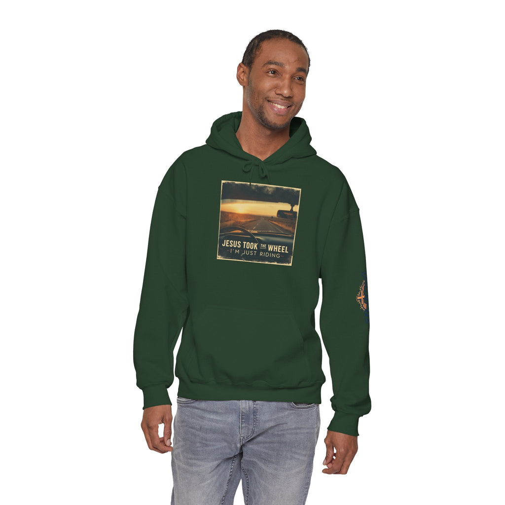 Jesus Took the Wheel I'm Just Riding Hoodie – Funny Christian Convertible Car Sweatshirt for Surrendered Faith & Humor Printify