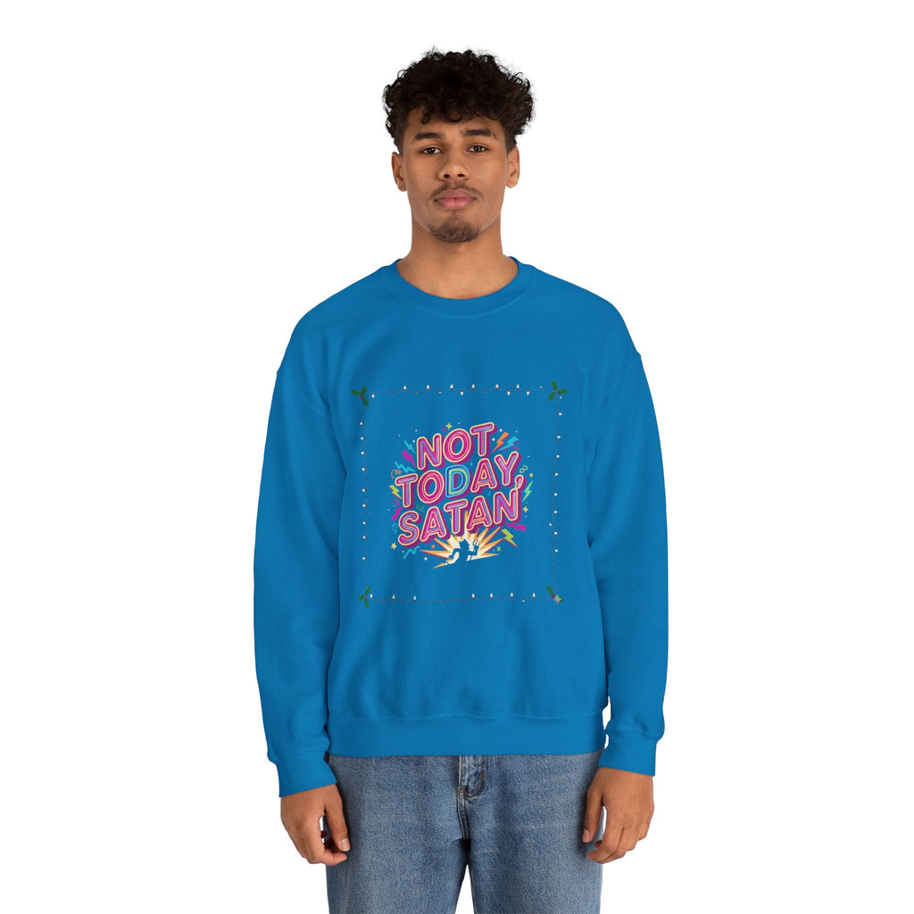 🔥 Not Today, Satan – Retro 90s Christian Sweatshirt | Neon Faith Tee | Funky Cartoon Devil | Bold Bible Verse Shirt | Uplifted Gear Printify