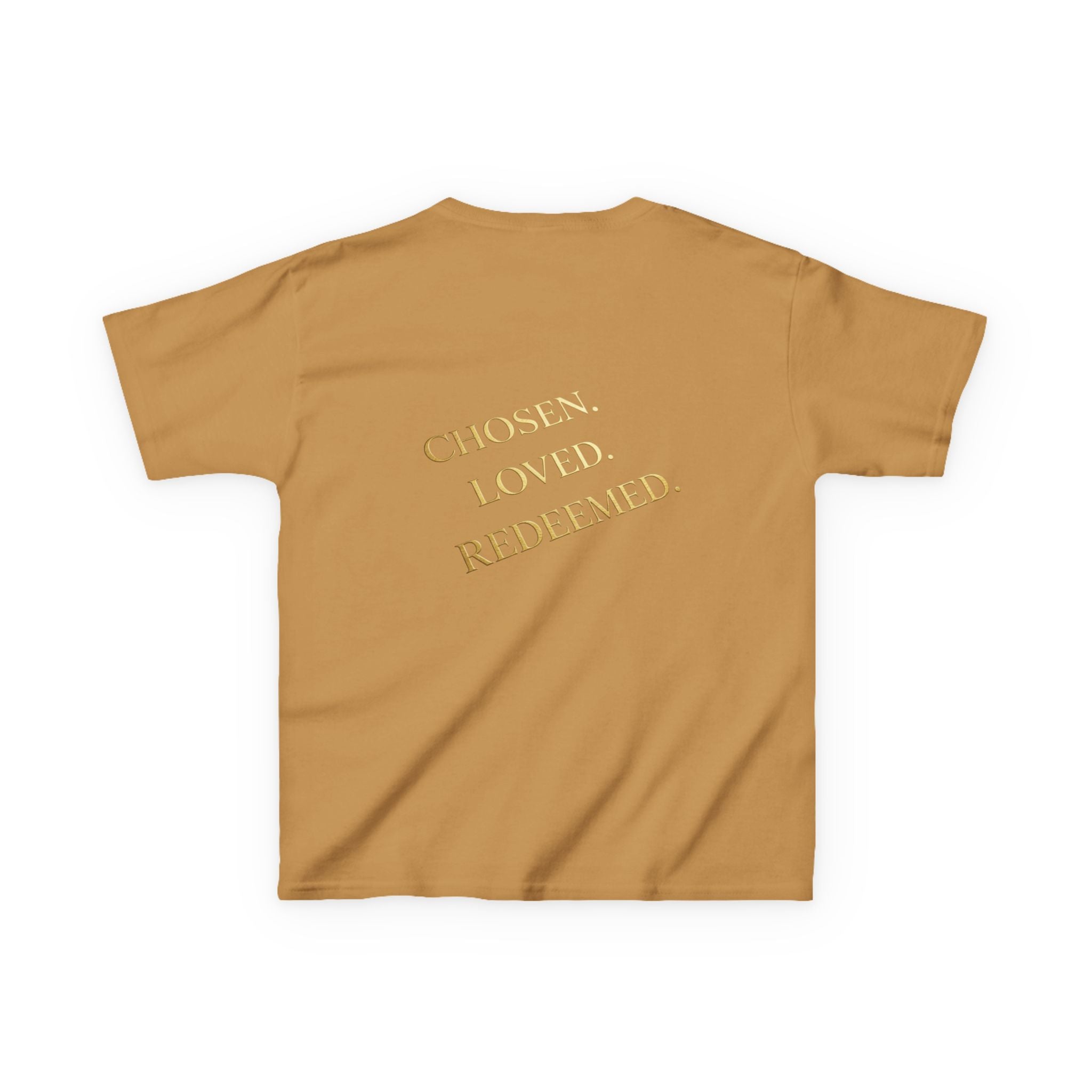 ✨ Chosen. Loved. Redeemed. – Elegant Christian Kids T-Shirt | Gold Foil Faith Tee | Subtle Cross & Heart Design | Inspirational Bible Verse Apparel by Uplifted Gear Printify