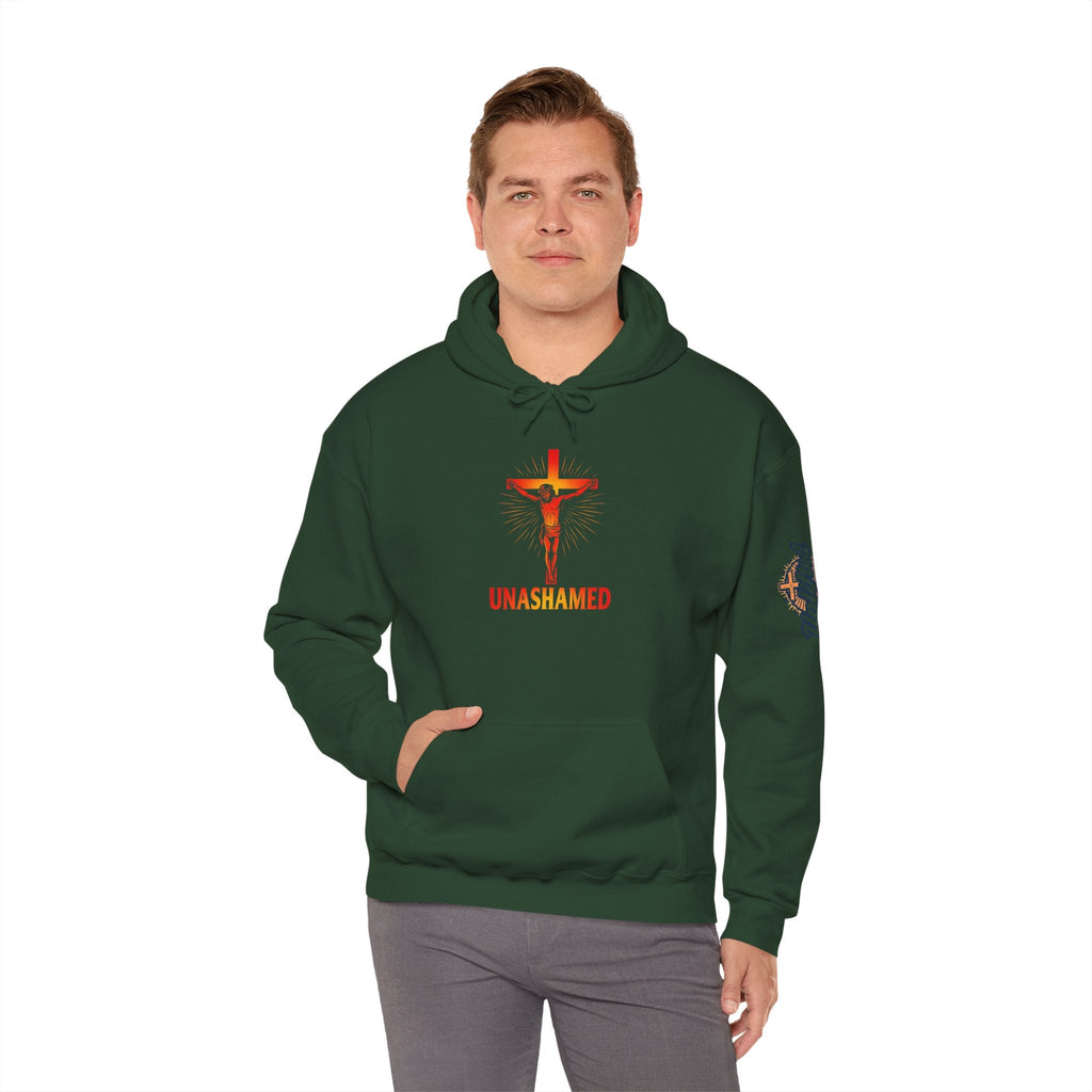 Unashamed Hoodie – Romans 1:16 Crucifixion Christian Sweatshirt for Bold Unwavering Faith Printify