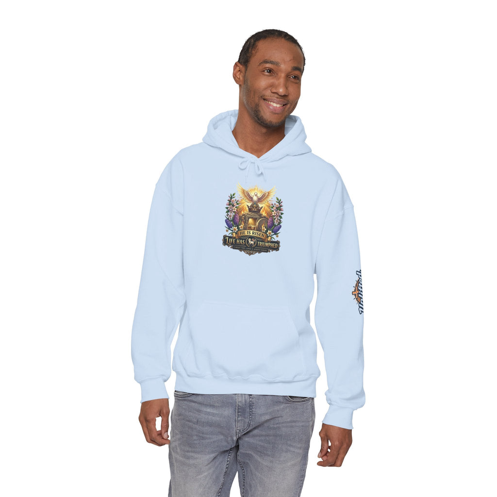 He Is Risen "Life Has Triumphed" Hoodie — Easter Resurrection Christian Hoodie Printify