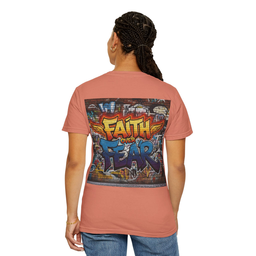 Faith Over Fear T-shirt – Graffiti Wall Christian T-shirt for Bold 2 Corinthians 5:7 Streetwear & Unshakable Faith Printify