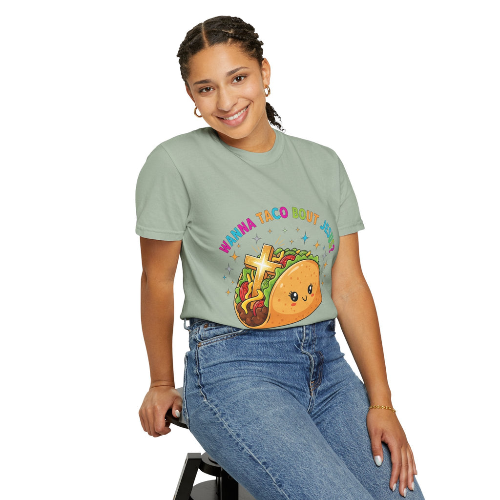 Wanna Taco 'Bout Jesus? Funny Christian Pun T-Shirt – Lettuce Pray & Share Faith! Printify