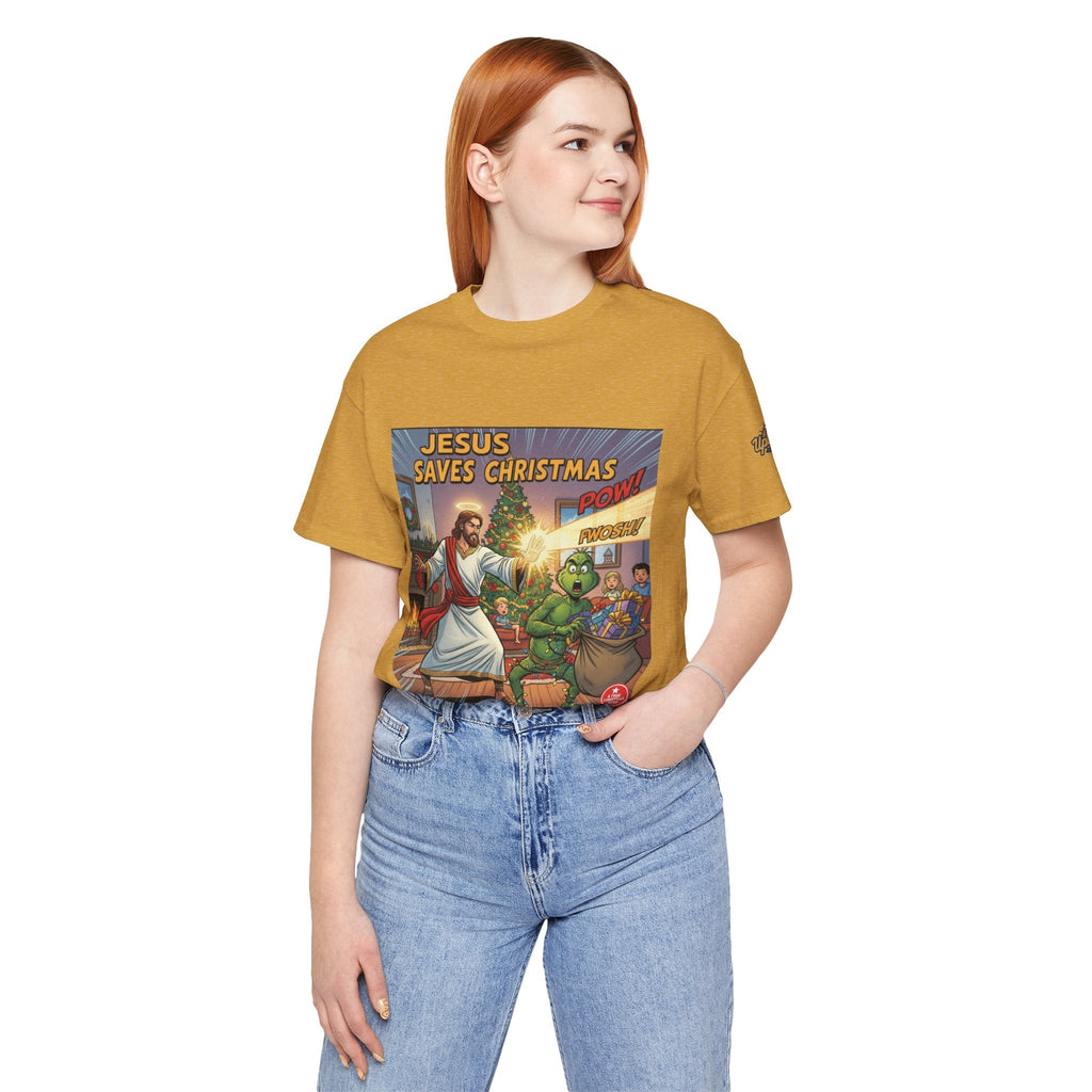 Jesus Saves Christmas T-shirt – Grinch vs Savior Light Battle Christian T-shirt for Hilarious Holiday Faith & True Joy Printify