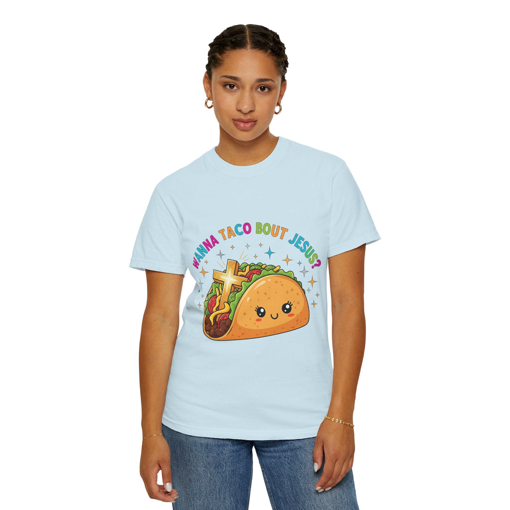 Wanna Taco 'Bout Jesus? Funny Christian Pun T-Shirt – Lettuce Pray & Share Faith! Printify