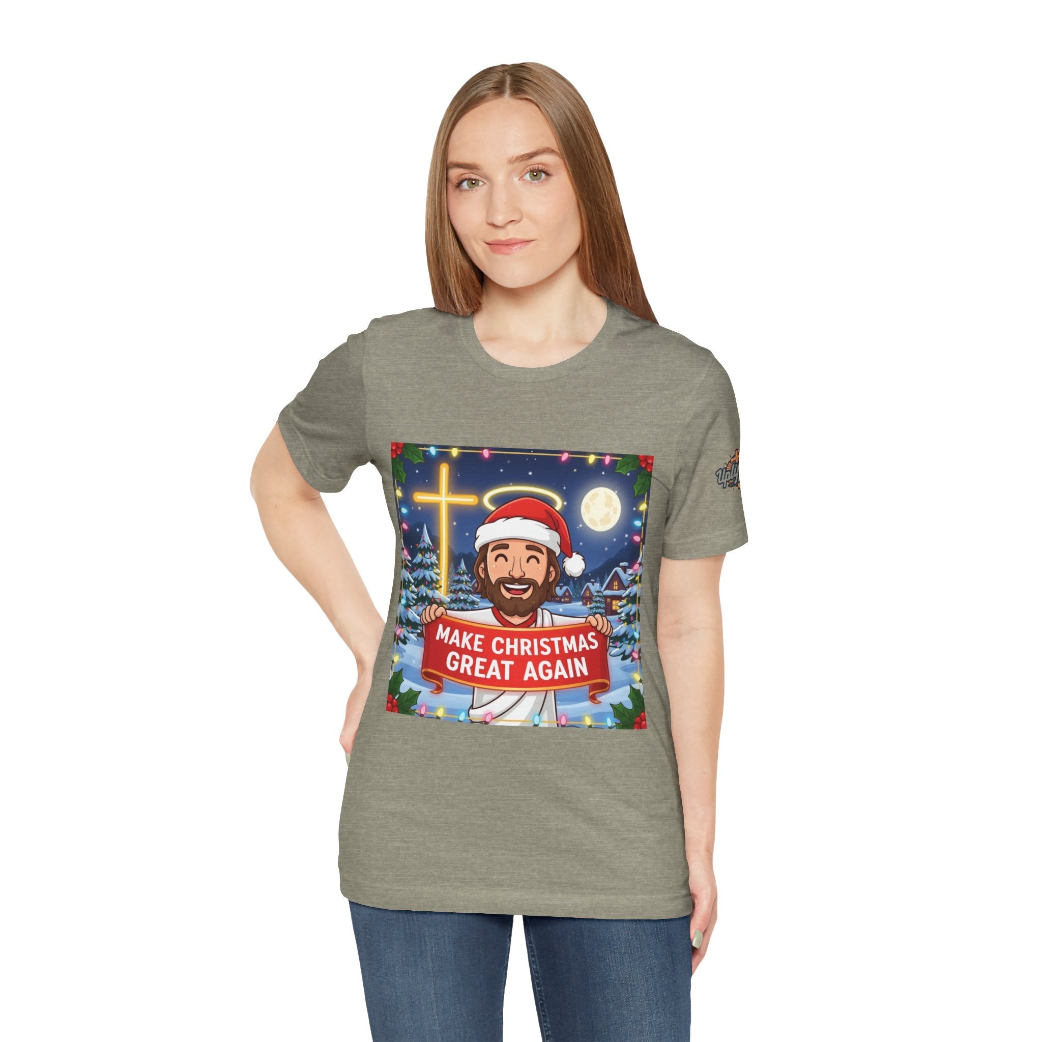 🎄 Make Christmas Great Again – Funny Christian T-Shirt | Jesus Holding Banner | Faith-Based Holiday Parody Tee | Uplifted Gear Printify