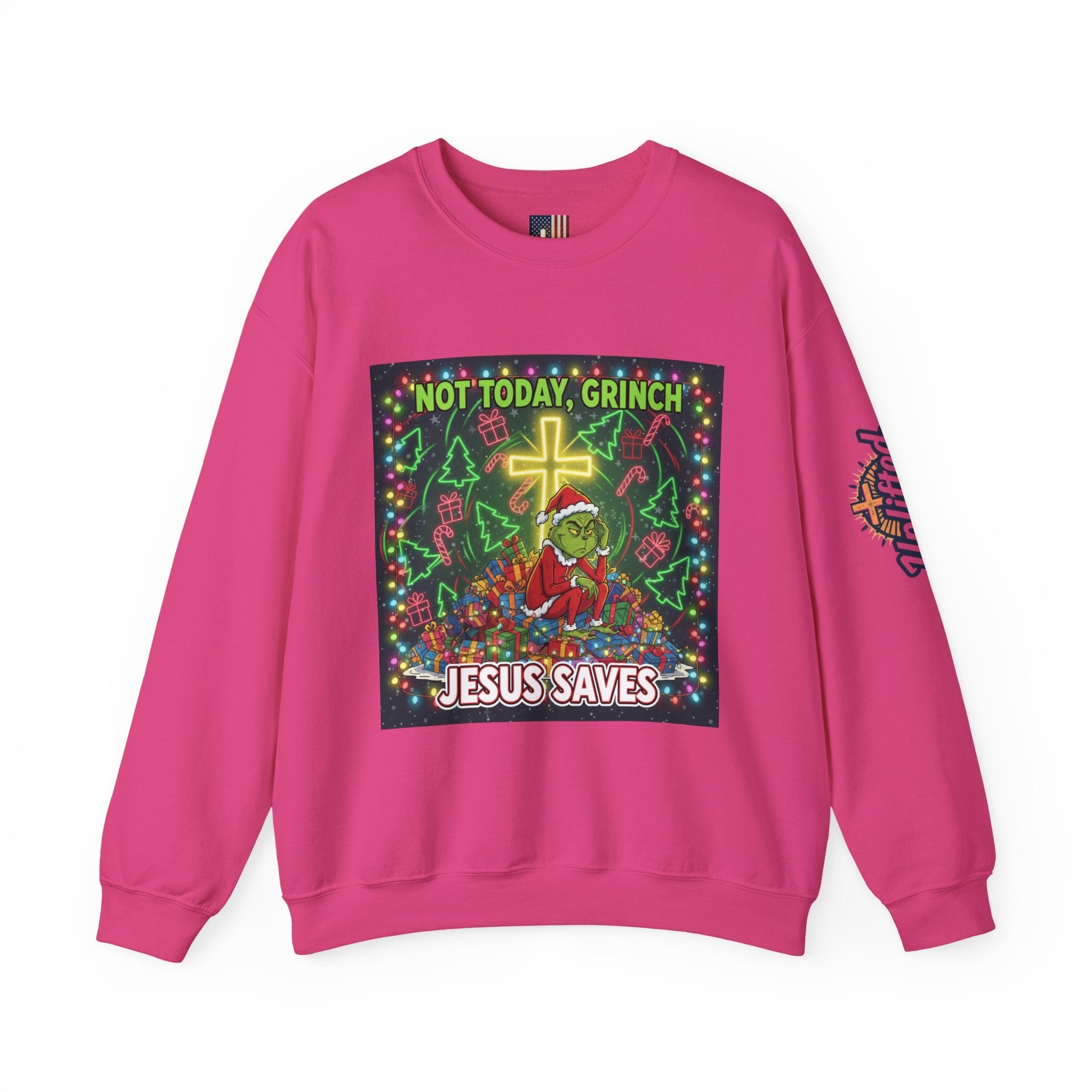 🎄 Not Today, Grinch – Jesus Saves | Funny Christian Christmas Sweatshirt | Festive Green & Red Cartoon Style | Bold Faith Holiday Tee by Uplifted Gear Printify