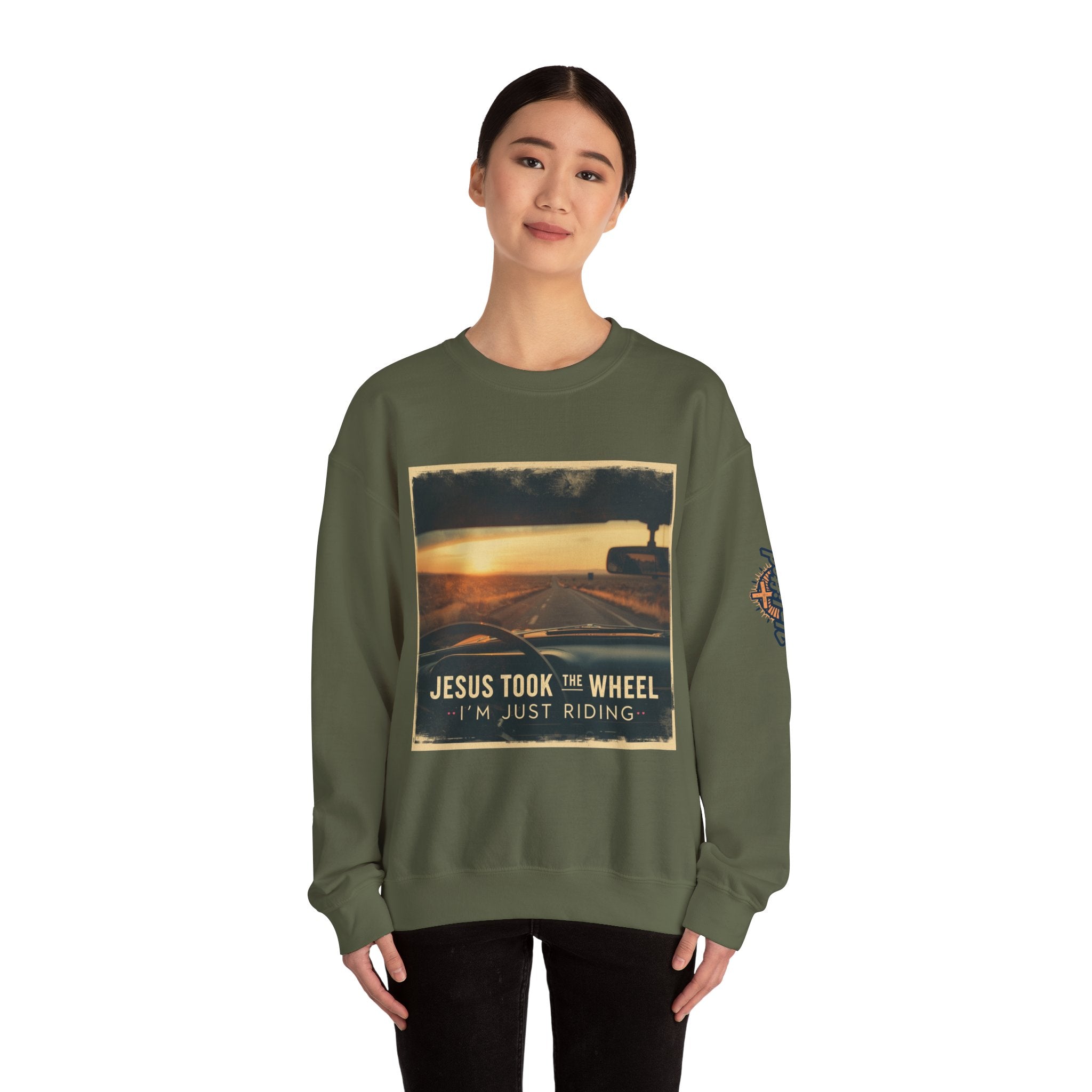 Jesus Took the Wheel I'm Just Riding Sweatshirt – Funny Christian Convertible Car Sweatshirt for Surrendered Faith & Humor