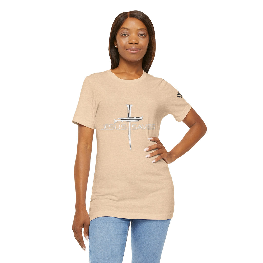 Jesus Saves T-shirt – 3 Nails Crucifix Cross Christian T-shirt for Redemption Faith & Bold Salvation Printify