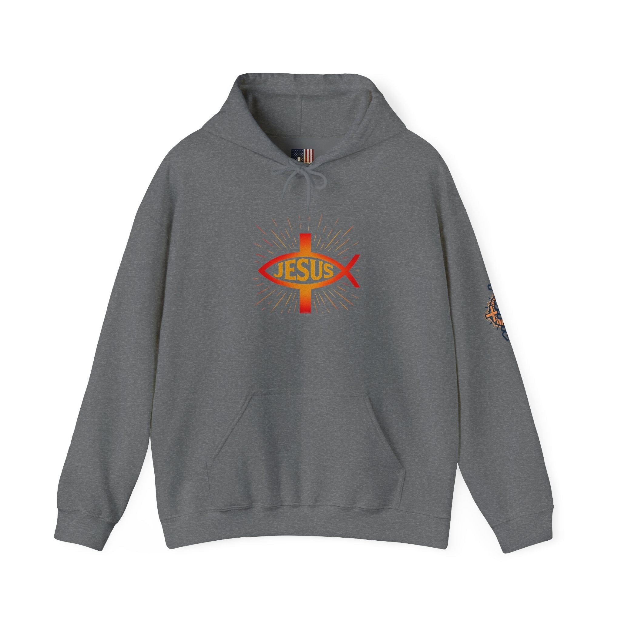 Jesus Ichthys Hoodie – Christian Fish Symbol with Cross & Jesus Inscription Sweatshirt for Eternal Faith & Streetwear Printify