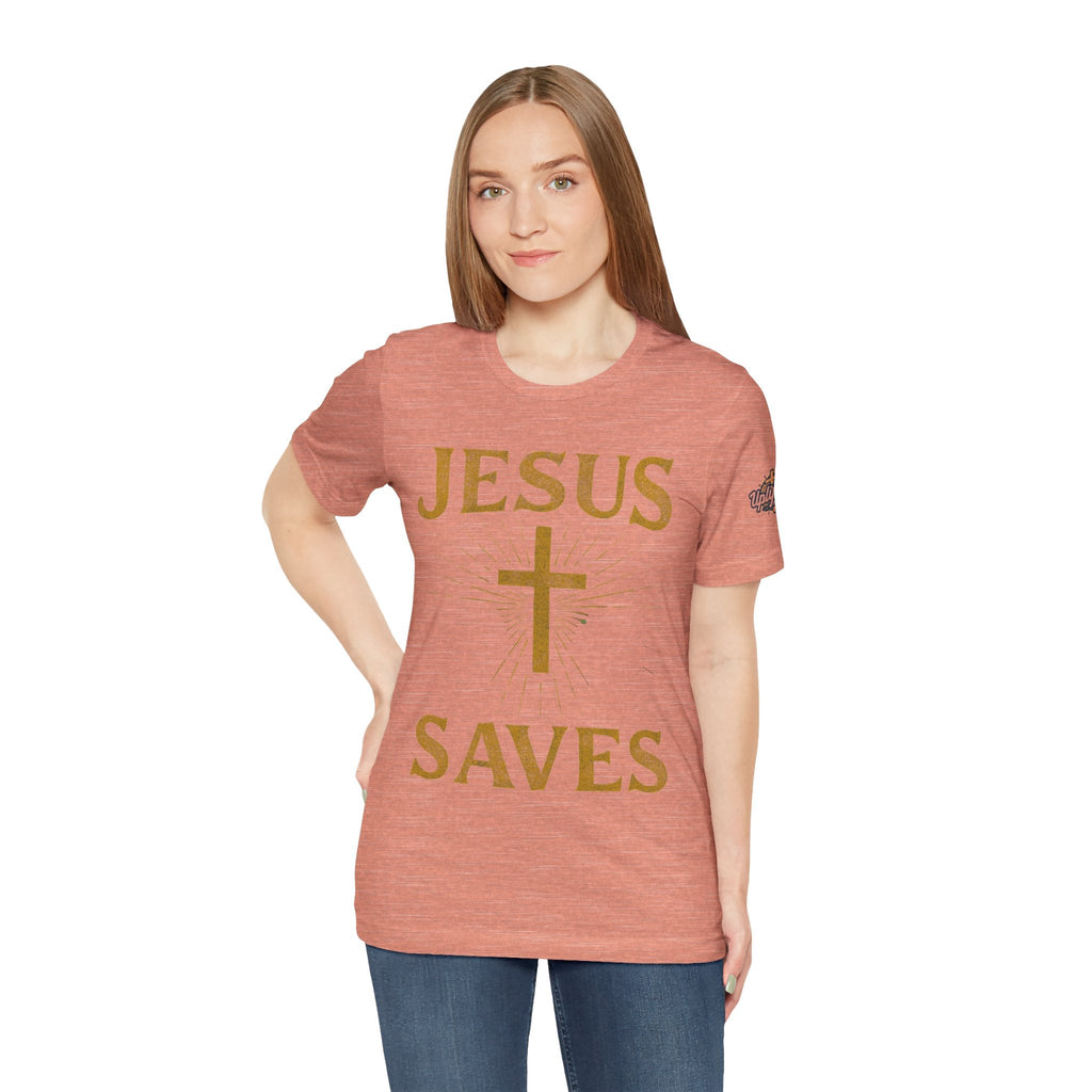 Jesus Saves T-shirt – Radiant Cross & Rays of Light Christian T-shirt for Eternal Hope & Faith Printify