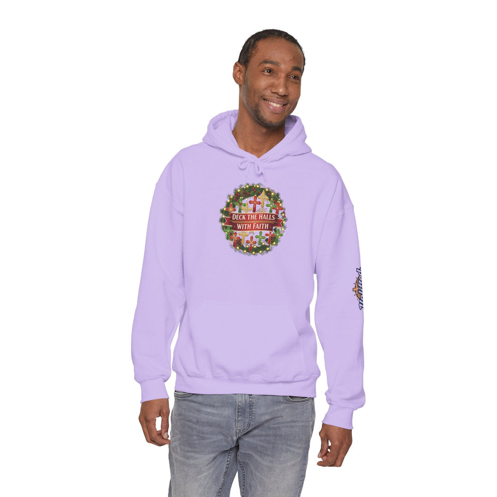 🎄 Deck the Halls with Faith – Christian Christmas Hoodie | Cross Ornament Design & Festive Garland | Bold Holiday Faith Tee by Uplifted Gear Printify