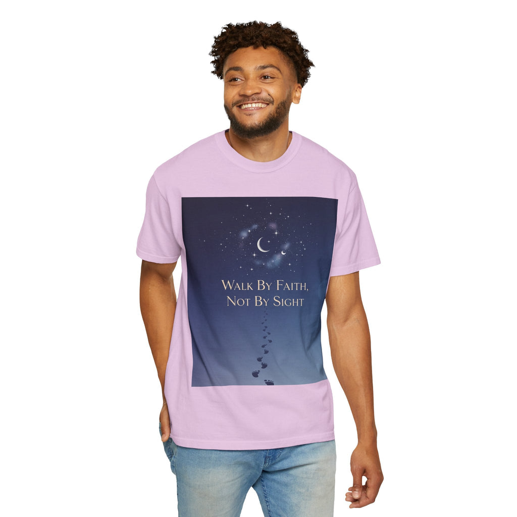 Walk by Faith, Not by Sight T-Shirt – Footprints in the Sand Christian Moonlit Tee Printify