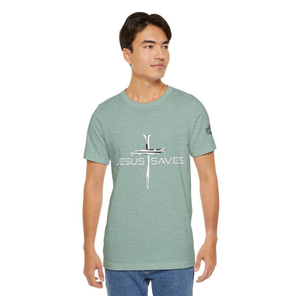 Jesus Saves T-shirt – 3 Nails Crucifix Cross Christian T-shirt for Redemption Faith & Bold Salvation Printify