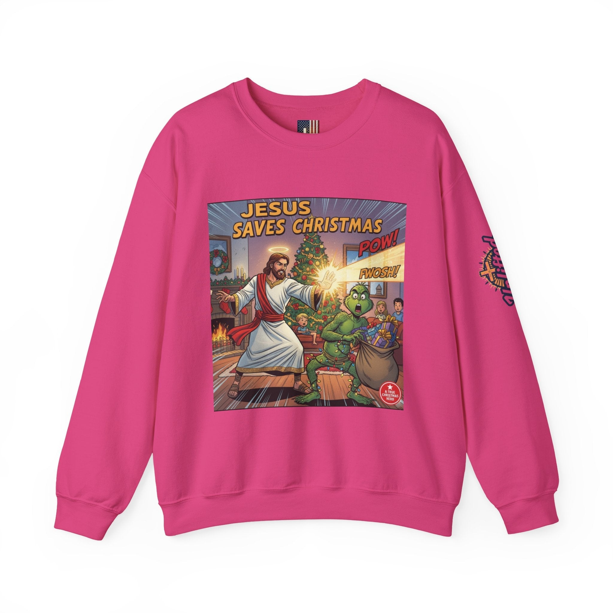 Jesus Saves Christmas Sweatshirt – Grinch vs Savior Light Battle Christian Sweatshirt for Hilarious Holiday Faith & True Joy Printify