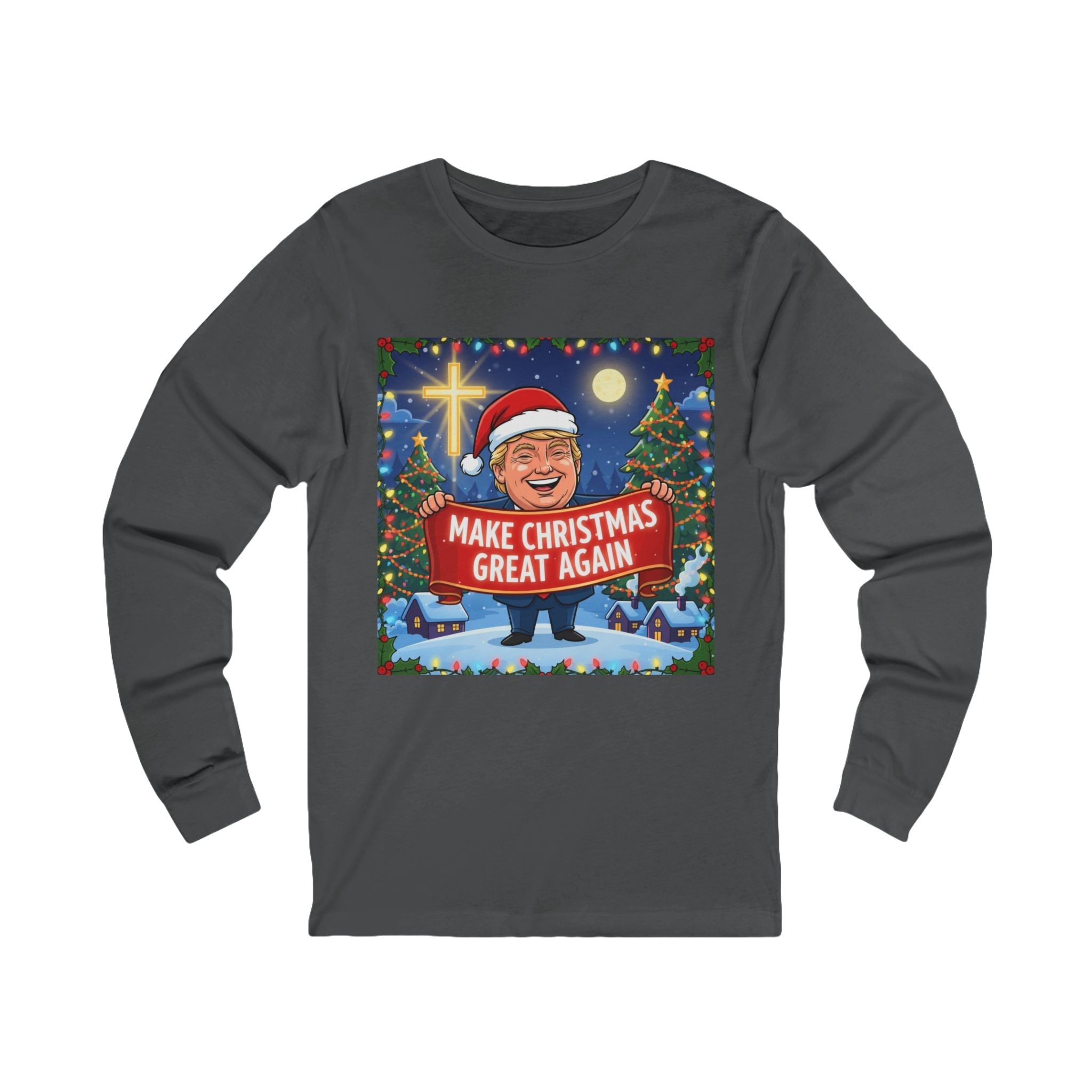 🎄 Make Christmas Great Again – Patriotic Christian Christmas Long Sleeve Shirt | Bold Holiday Faith Tee | Red & White Banner Design | Uplifted Gear Printify