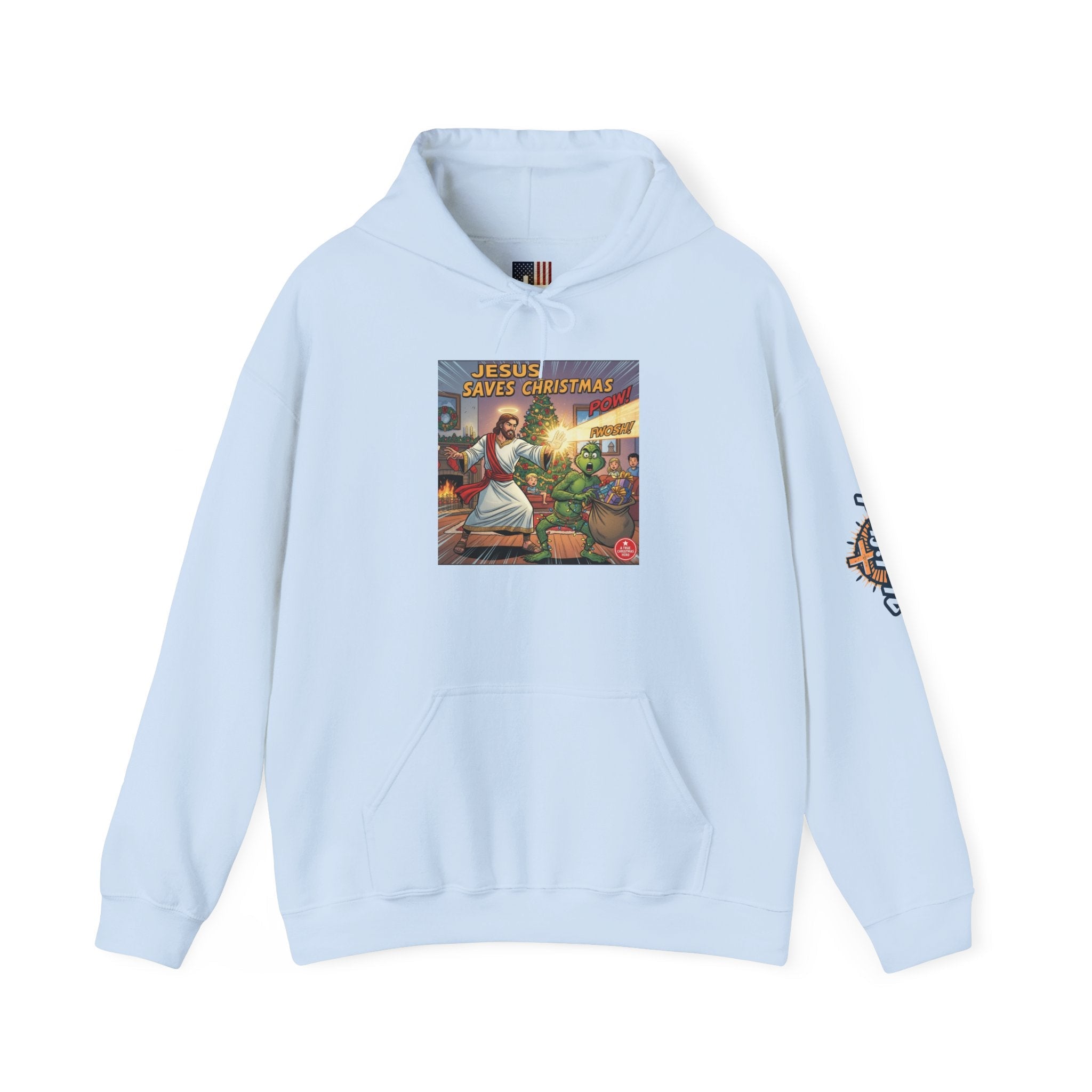 Jesus Saves Christmas Hoodie – Grinch vs Savior Light Battle Christian Sweatshirt for Hilarious Holiday Faith & True Joy Printify