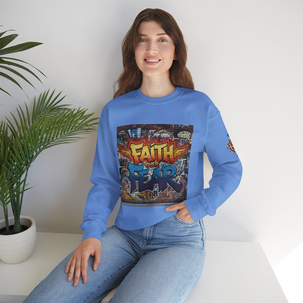 Faith Over Fear Sweatshirt – Graffiti Wall Christian Sweatshirt for Bold 2 Corinthians 5:7 Streetwear & Unshakable Faith Printify