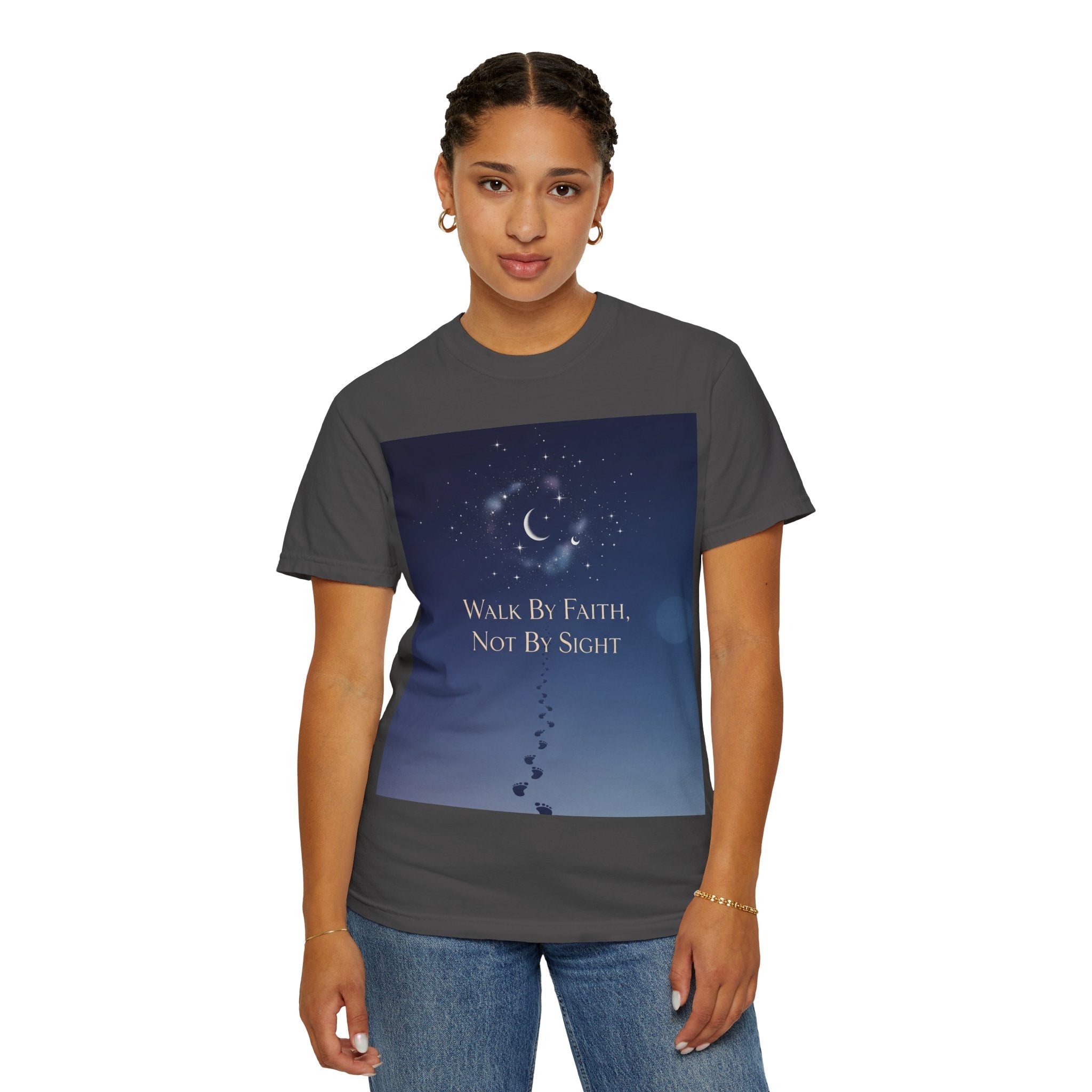 Walk by Faith, Not by Sight T-Shirt – Footprints in the Sand Christian Moonlit Tee Printify