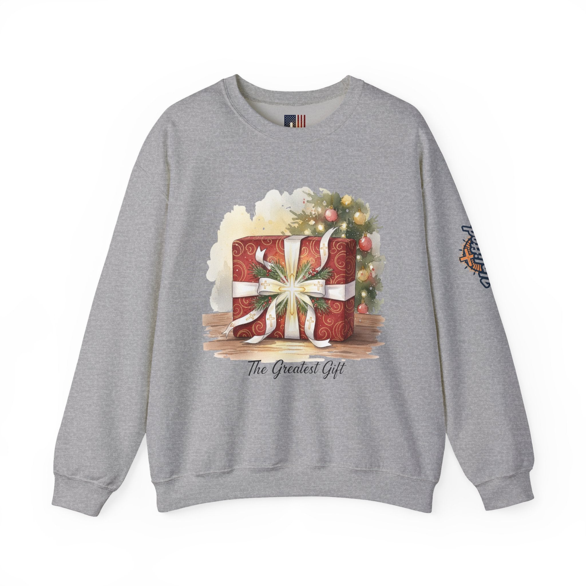 The Greatest Gift Sweatshirt – Cross Bow Present Christian Sweatshirt for Christmas Salvation & Eternal Faith Printify