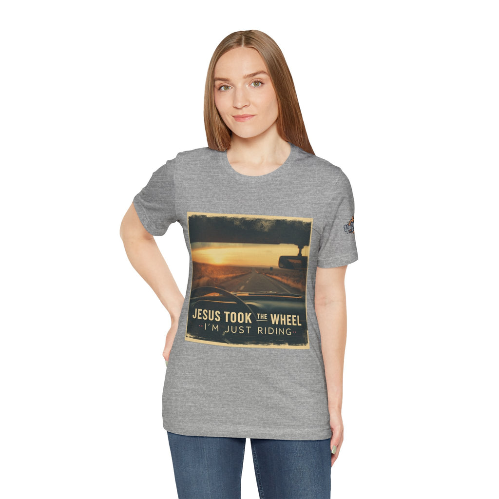 Jesus Took the Wheel I'm Just Riding T-shirt – Funny Christian Convertible Car T-shirt for Surrendered Faith & Humor Printify