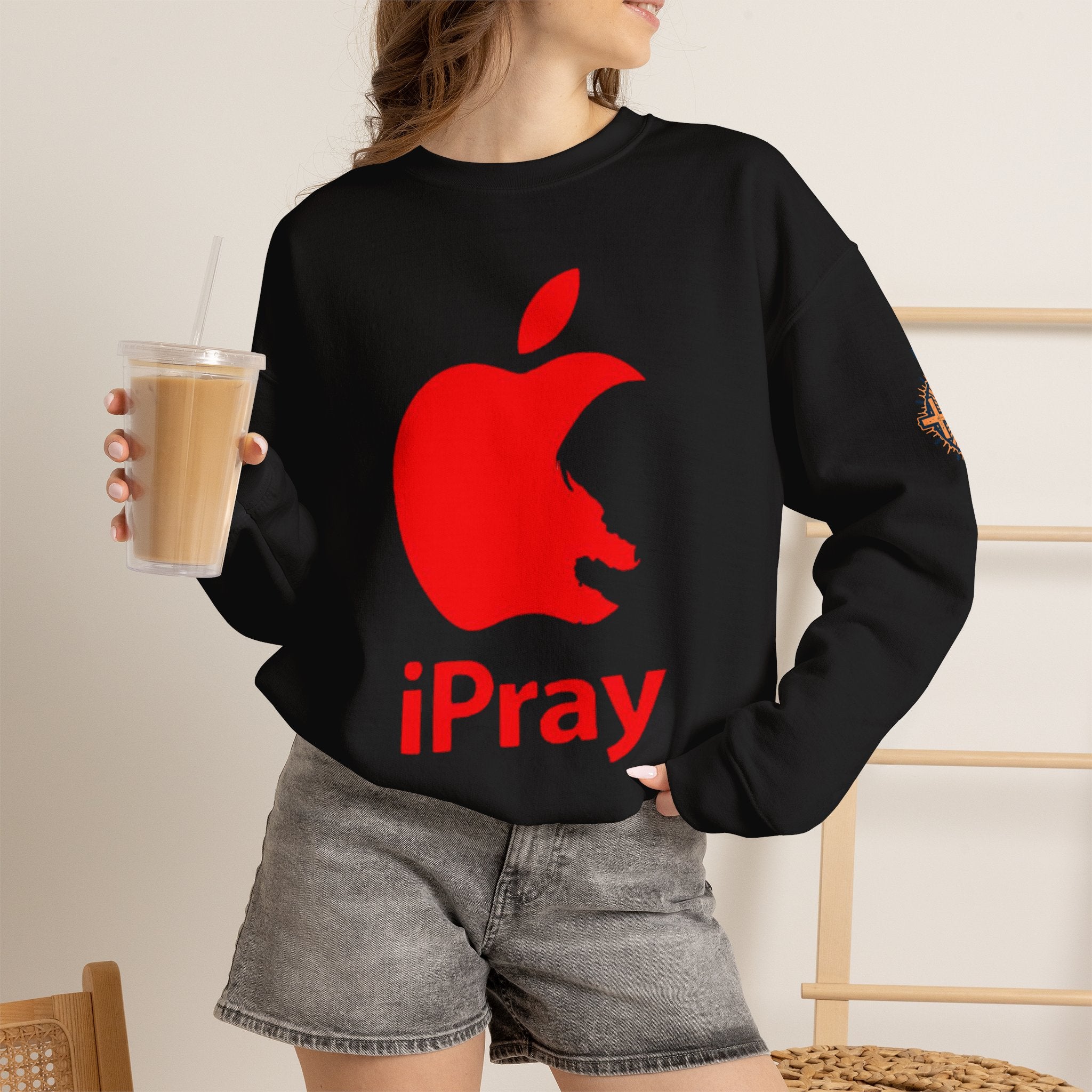 iPray Apple Logo Sweatshirt — Funny Christian Sweatshirt (Minimal Red Apple Graphic) Printify