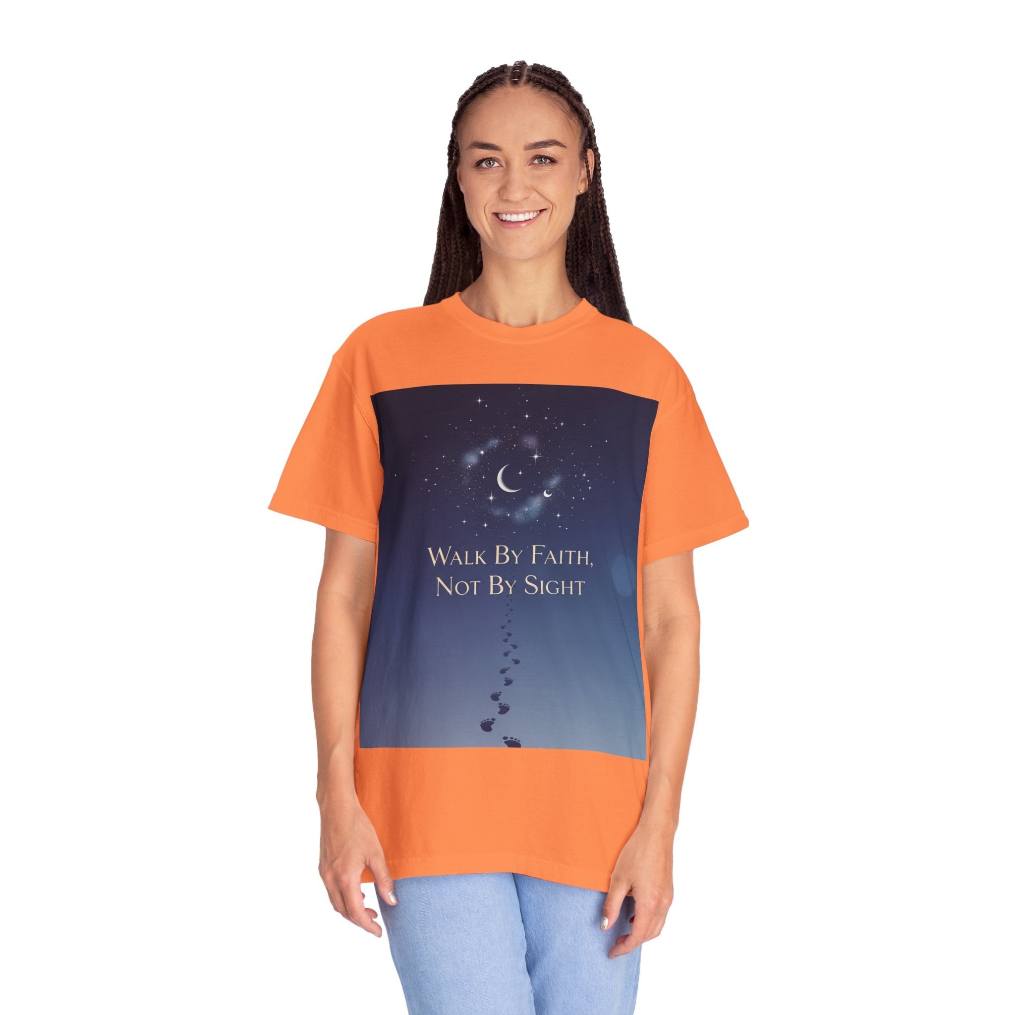 Walk by Faith, Not by Sight T-Shirt – Footprints in the Sand Christian Moonlit Tee Printify