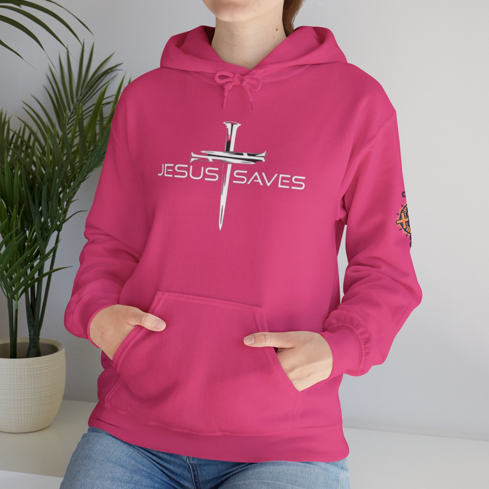 Jesus Saves Hoodie – 3 Nails Crucifix Cross Christian Sweatshirt for Redemption Faith & Bold Salvation Printify