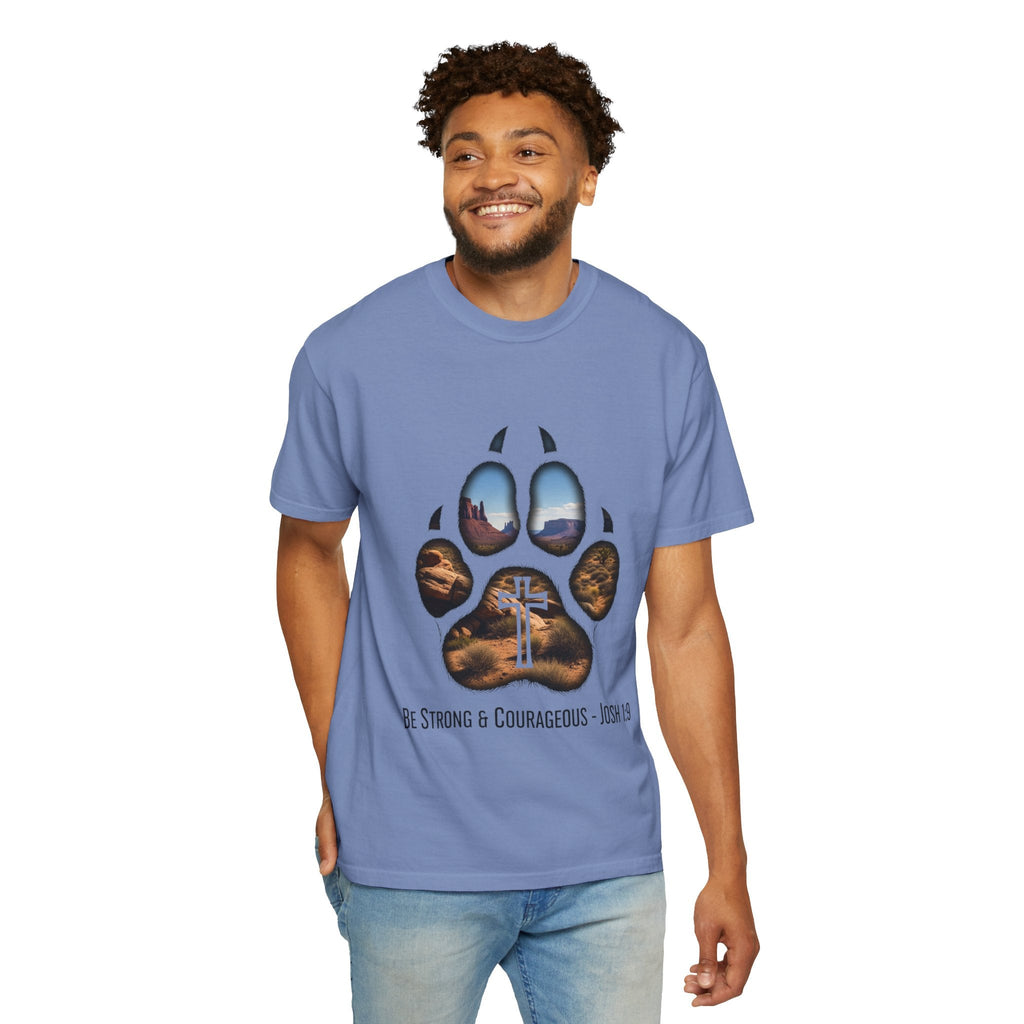 Strong and Courageous T-Shirt – Canine Pawprint Desert Joshua 1:9 Christian Tee Printify