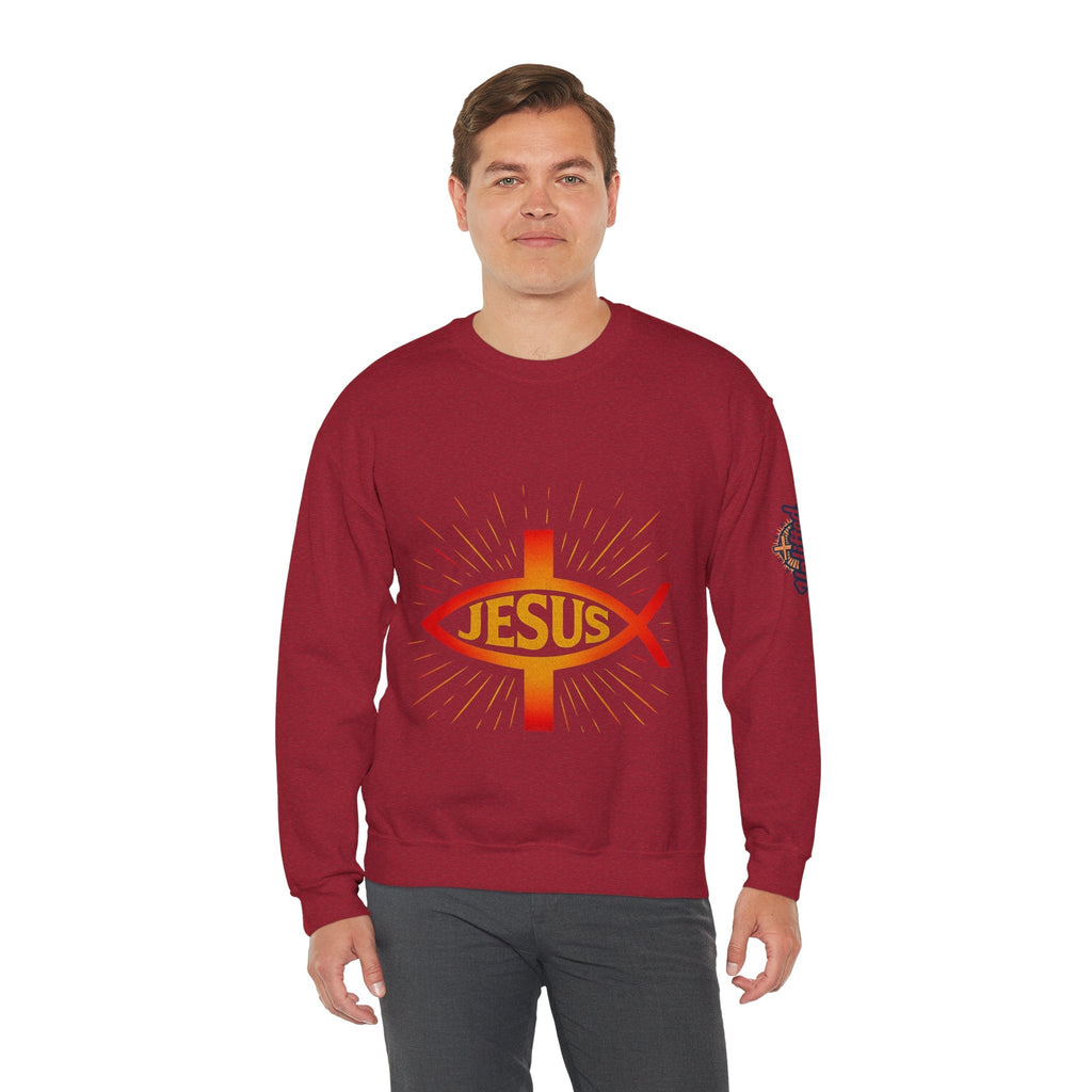Jesus Ichthys Sweatshirt – Christian Fish Symbol with Cross & Jesus Inscription Sweatshirt for Eternal Faith & Streetwear Printify