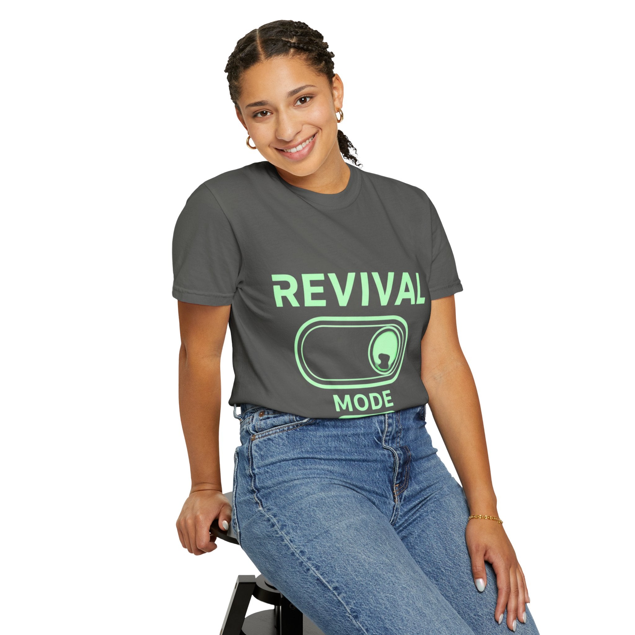 🔥 Revival Mode: ON – Christian Techwear T-Shirt | Glowing Green Faith Switch | Futuristic Jesus Shirt | Activate Your Spiritual Awakening | Uplifted Gear Printify