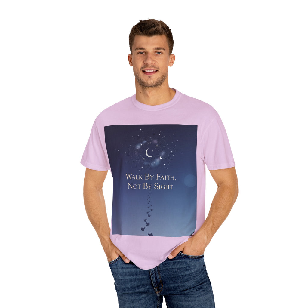 Walk by Faith, Not by Sight T-Shirt – Footprints in the Sand Christian Moonlit Tee Printify